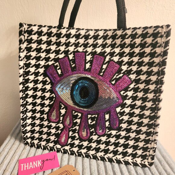 Custom Houndstooth Plaid Handbag with Pink Evil Eye Sequin Embroidery - Picture 5 of 8